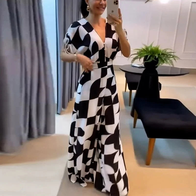 Ave Ajello™ Női V-nyakú, geometrikus mintás széles lábú jumpsuit