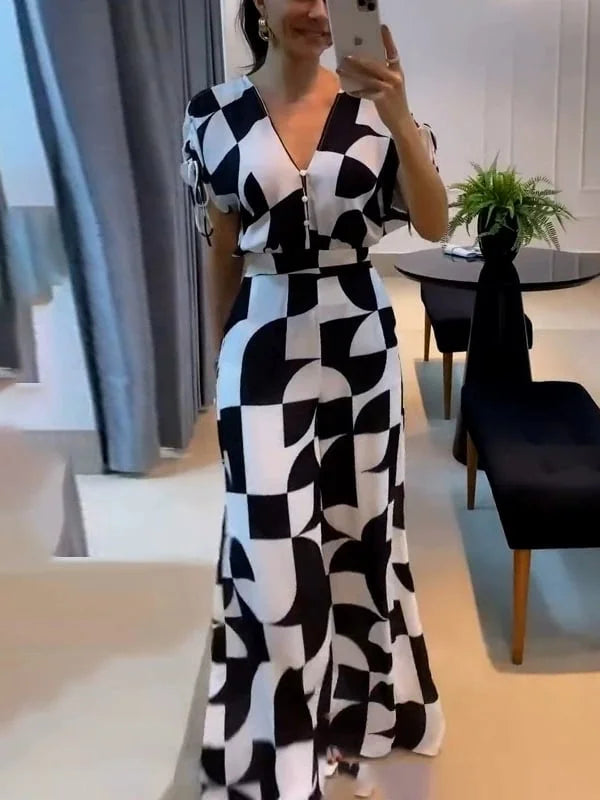 Ave Ajello™ Női V-nyakú, geometrikus mintás széles lábú jumpsuit