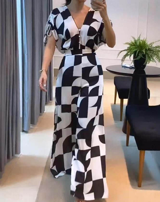 Ave Ajello™ Női V-nyakú, geometrikus mintás széles lábú jumpsuit