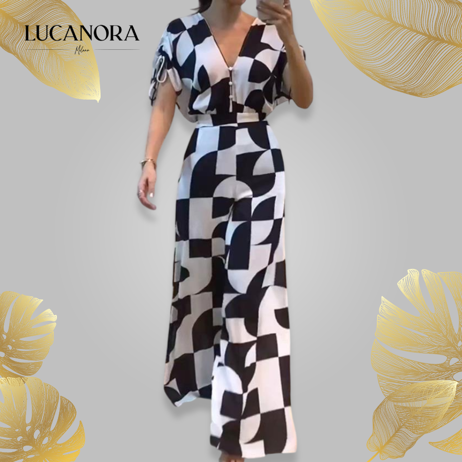 Ave Ajello™ Női V-nyakú, geometrikus mintás széles lábú jumpsuit