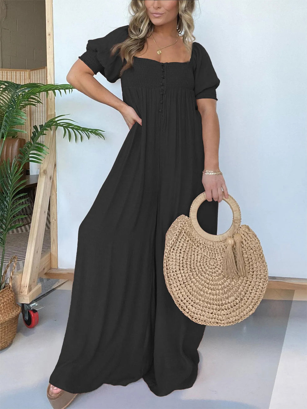 Fulvia Sessa™ Jumpsuit szögletes nyakkivágással és gombokkal