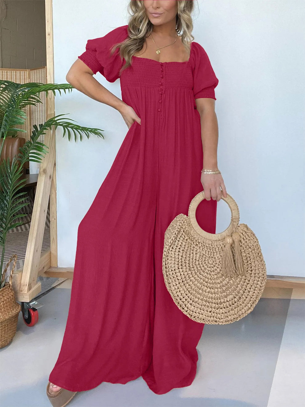 Fulvia Sessa™ Jumpsuit szögletes nyakkivágással és gombokkal