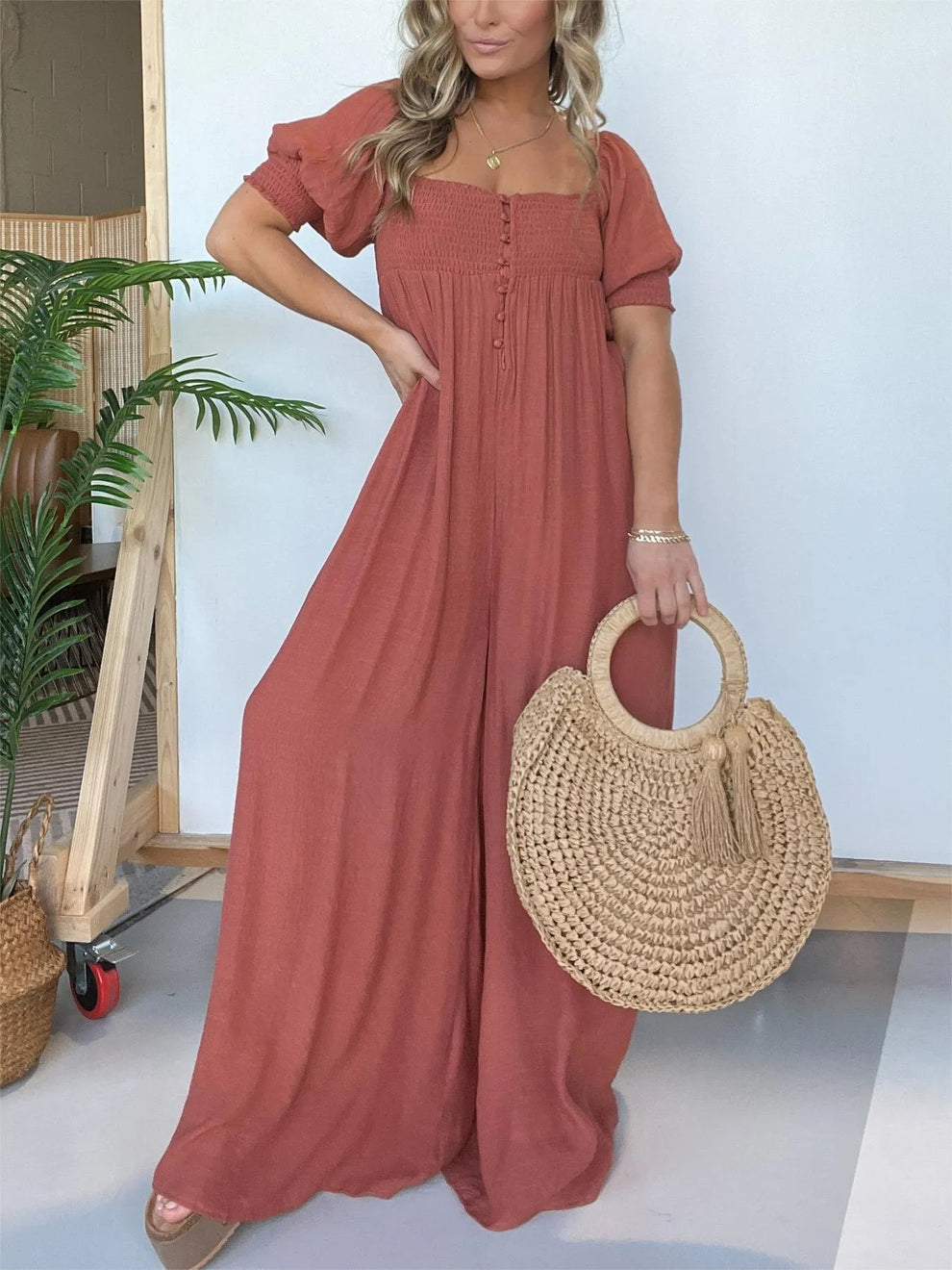 Fulvia Sessa™ Jumpsuit szögletes nyakkivágással és gombokkal