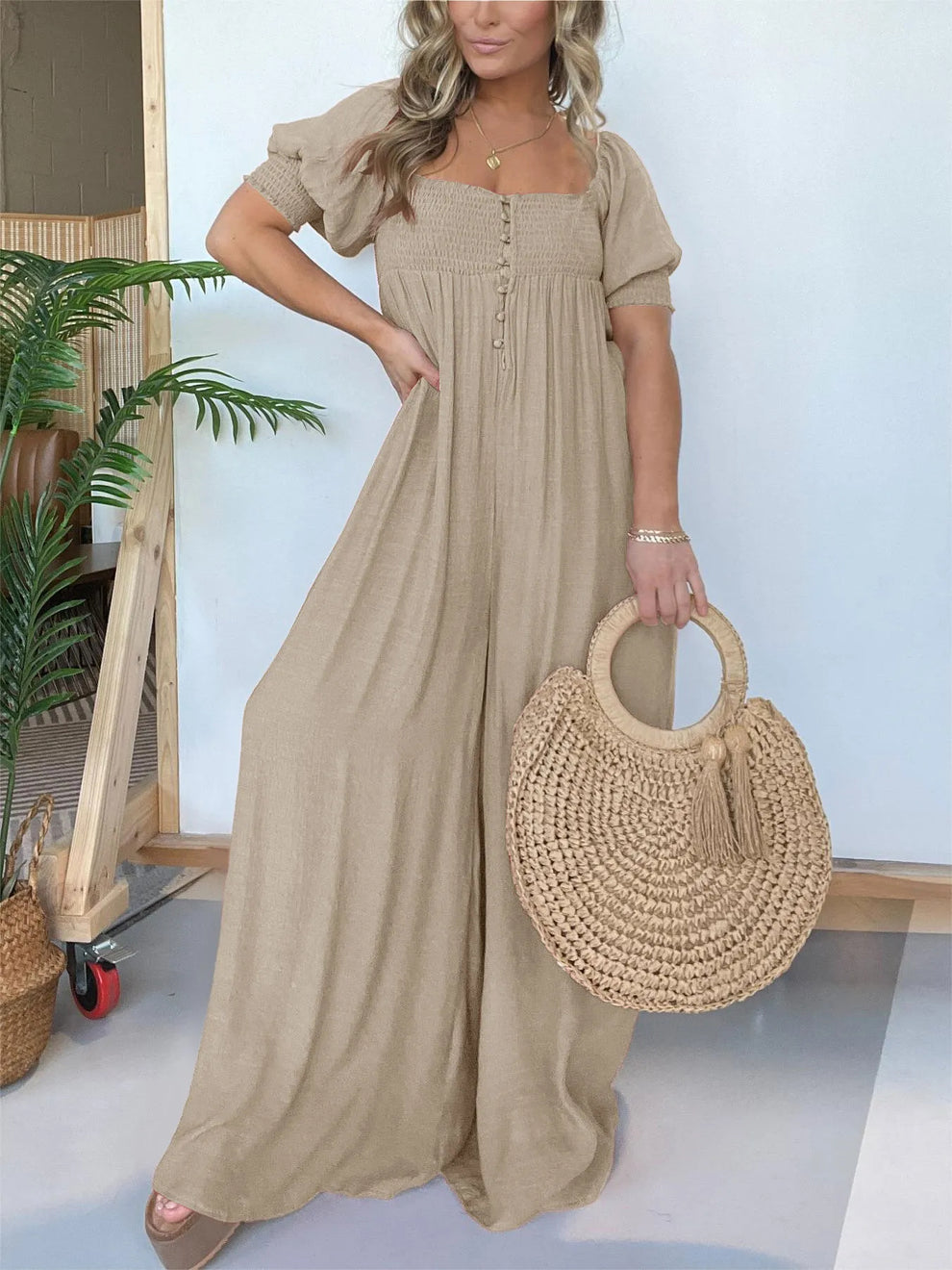 Fulvia Sessa™ Jumpsuit szögletes nyakkivágással és gombokkal