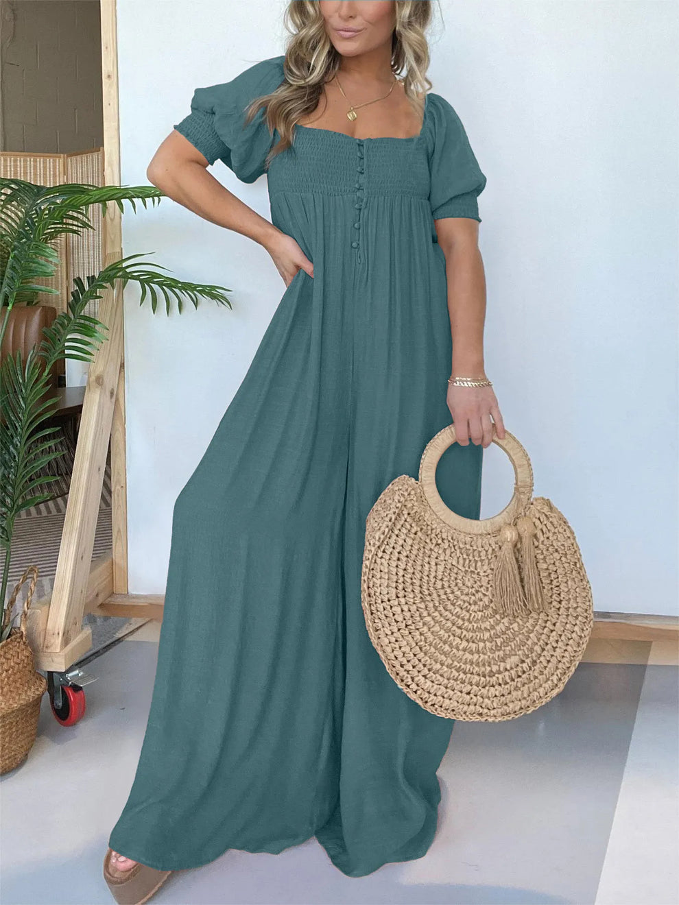 Fulvia Sessa™ Jumpsuit szögletes nyakkivágással és gombokkal