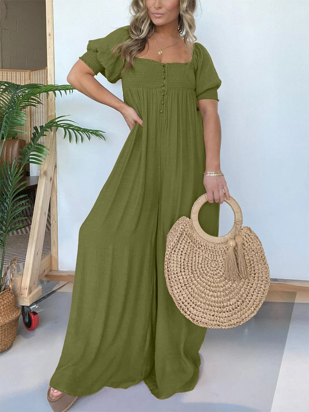 Fulvia Sessa™ Jumpsuit szögletes nyakkivágással és gombokkal