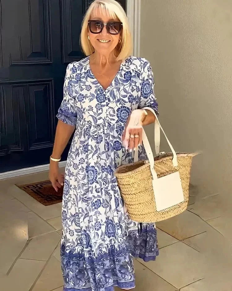 Hélène™️ BOHO Virágos V-nyakú Ruha