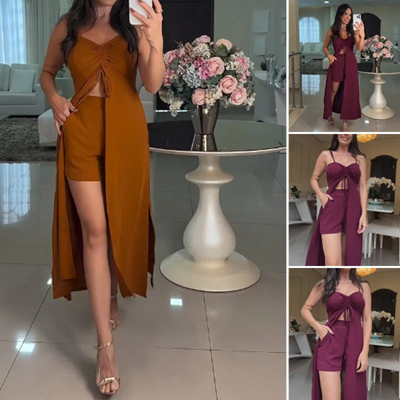 Savina Rosania™ V-nyakú, ujjatlan camisole hasított hosszú ruhával és rövidnadrággal, 2 részes készlet