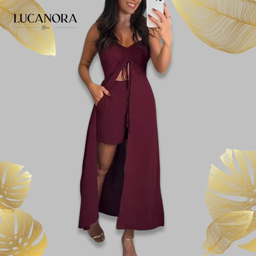 Savina Rosania™ V-nyakú, ujjatlan camisole hasított hosszú ruhával és rövidnadrággal, 2 részes készlet