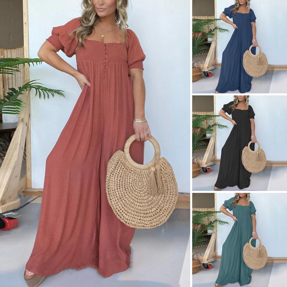 Luisa Gregori™ Női, négyzet alakú nyakkivágású jumpsuit smocked mídergombbal
