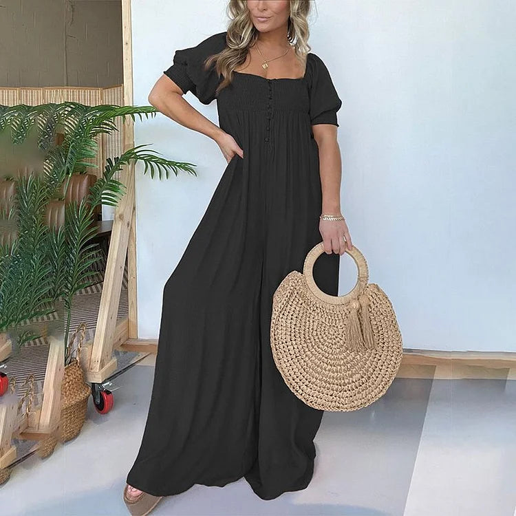 Luisa Gregori™ Női, négyzet alakú nyakkivágású jumpsuit smocked mídergombbal
