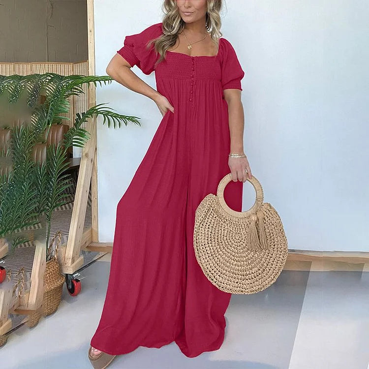 Luisa Gregori™ Női, négyzet alakú nyakkivágású jumpsuit smocked mídergombbal