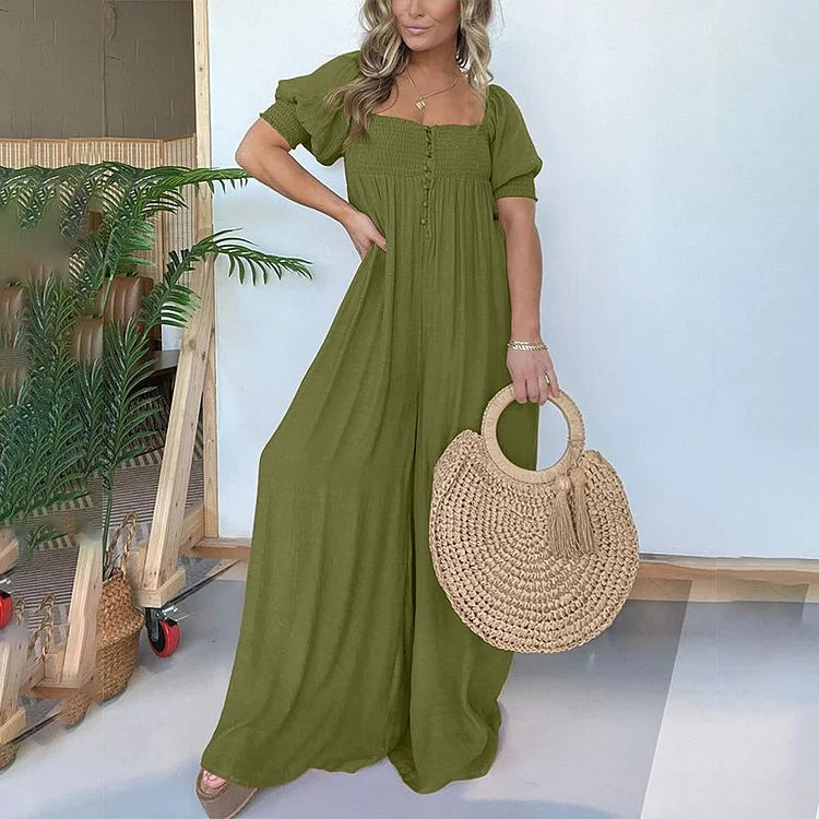 Luisa Gregori™ Női, négyzet alakú nyakkivágású jumpsuit smocked mídergombbal
