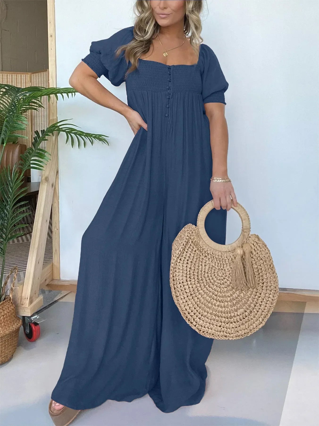 Luisa Gregori™ Női, négyzet alakú nyakkivágású jumpsuit smocked mídergombbal