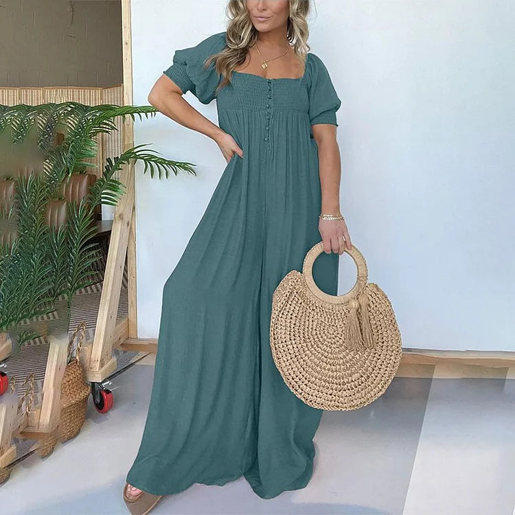Luisa Gregori™ Női, négyzet alakú nyakkivágású jumpsuit smocked mídergombbal