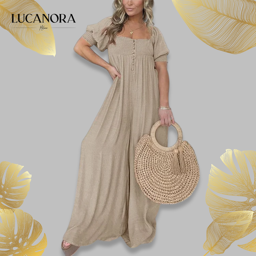 Luisa Gregori™ Női, négyzet alakú nyakkivágású jumpsuit smocked mídergombbal