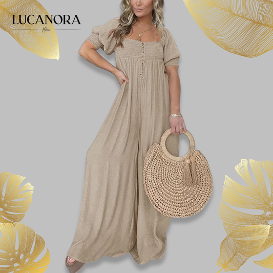 Luisa Gregori™ Női, négyzet alakú nyakkivágású jumpsuit smocked mídergombbal