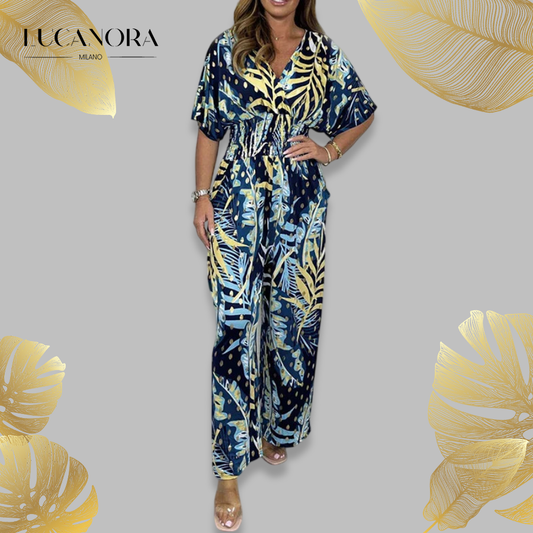 Marta Morandi™ Jumpsuit levélmintával és elasztikus derékpánttal
