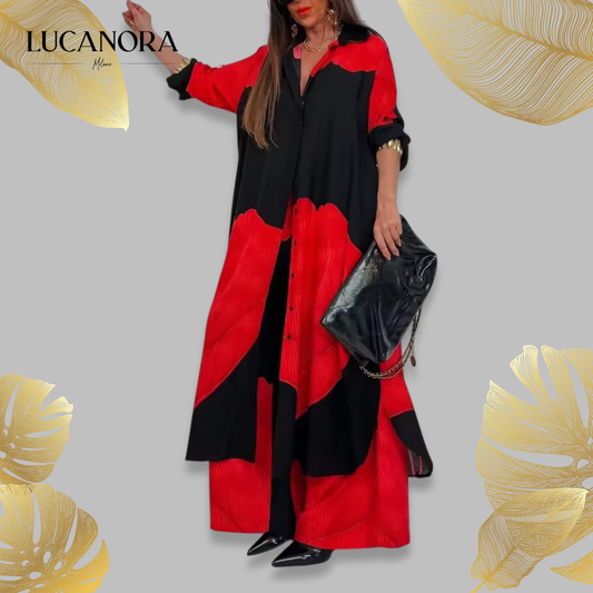 Susanna Perro™ V-nyakú Patchwork nyomott felső és nadrágkosztüm