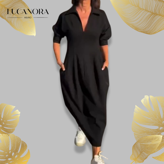 Zarina Sassano™ Midi ruha V-nyakú gallérral